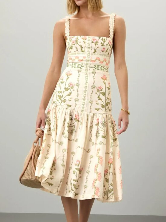 Agua Bendita Dresses & Skirts - Agua Bendita Cream Floral Midi Dress with Pink & Green Botanicals
